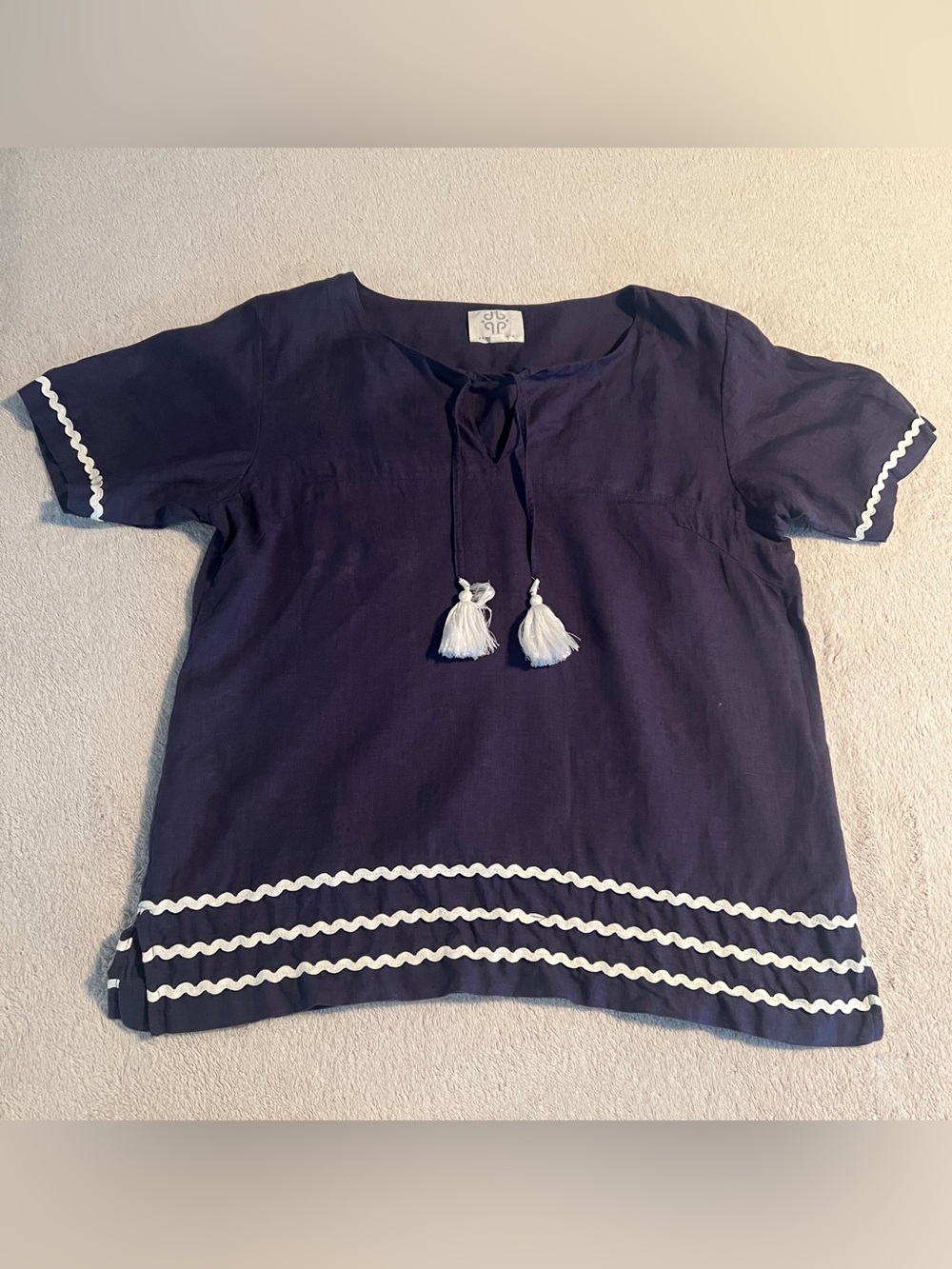 Pomegranate 100% Linen Tassel Tie Navy Blue Ricrac Top XL